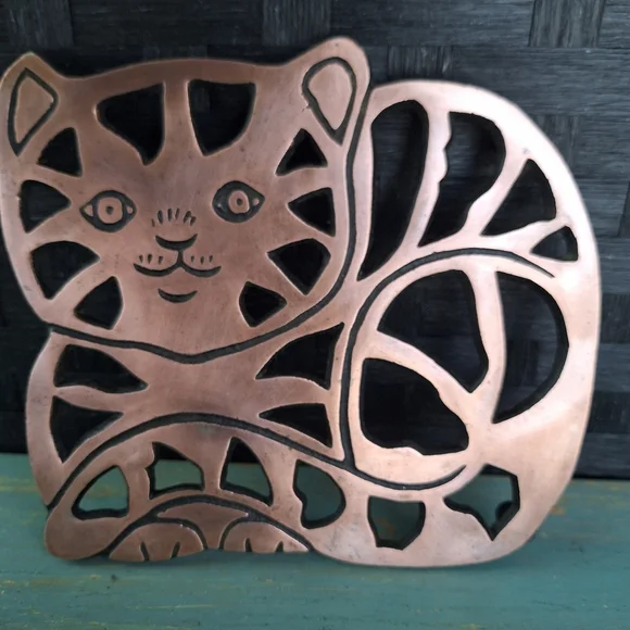 Vintage Cat Hot Pad Trivet Copper Kitchen Decor Pot Holder - Picture 9 of 16